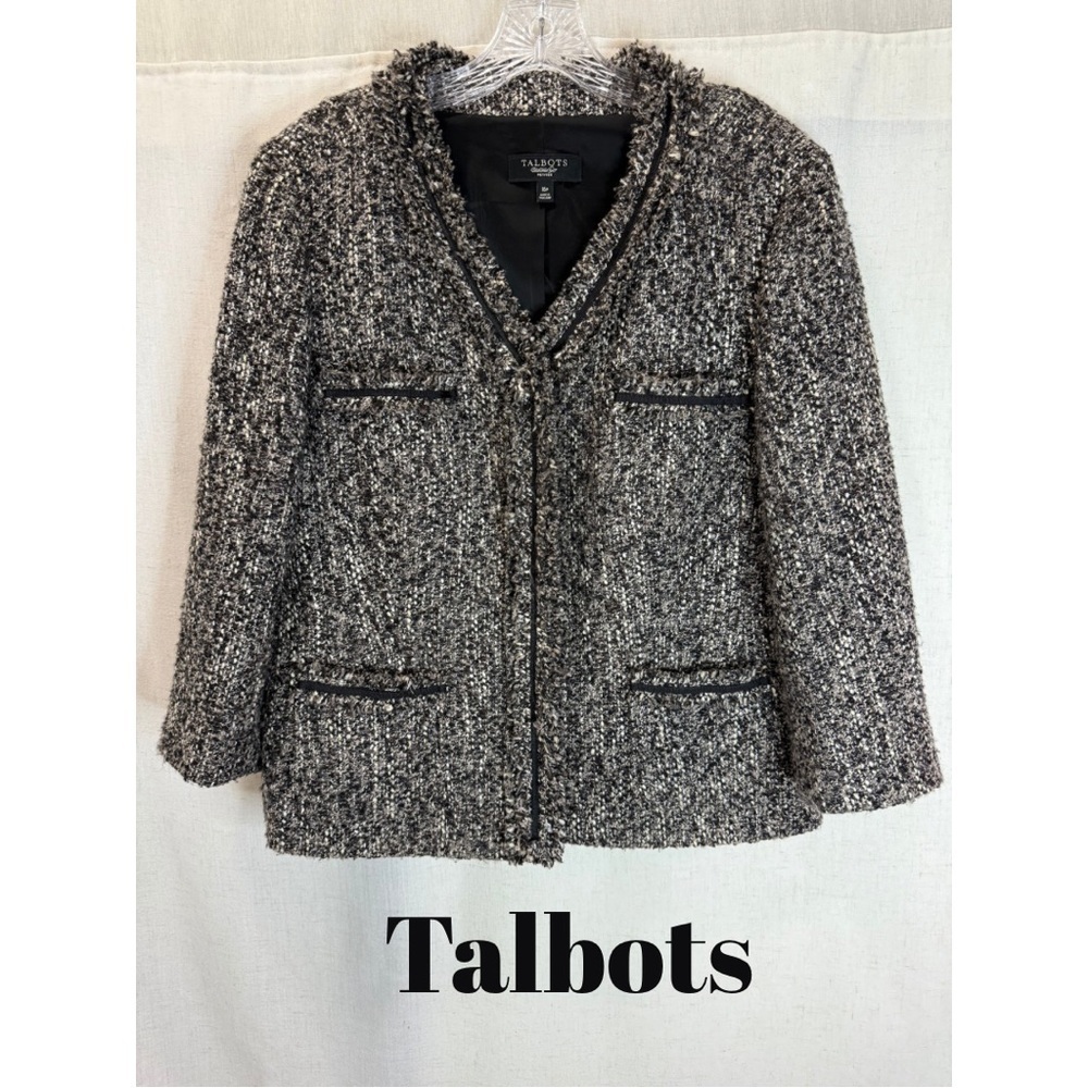 Talbots Tweed Blazer Jacket Size 16P Black White Classic Chic